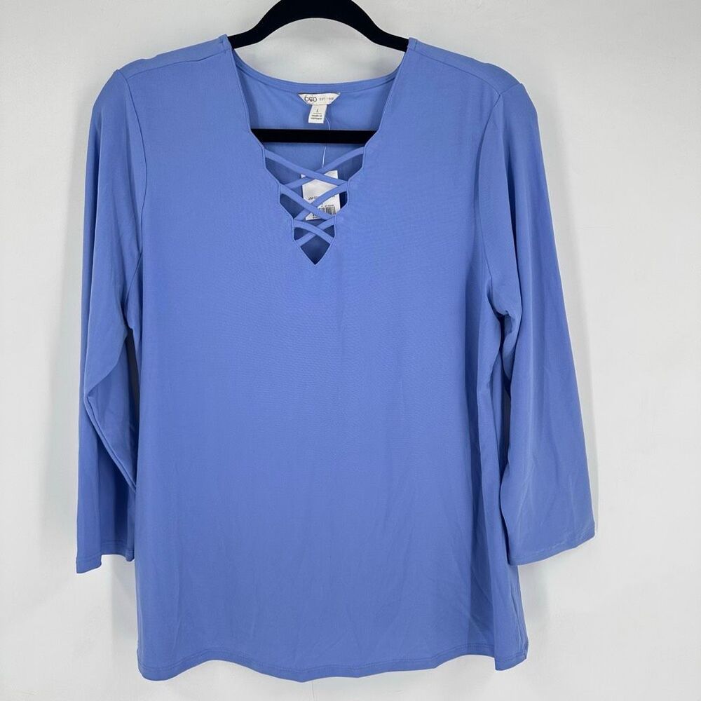 Cato NWT Blue Criss Cross Neckline Light Blue Blouse Size L Flowy‎ Flattering